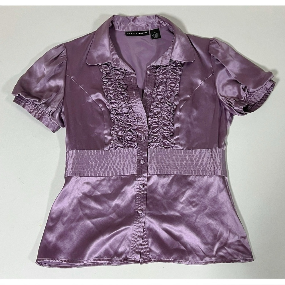 Grace Elements Purple Silk Ruffle Collared Button… - image 2